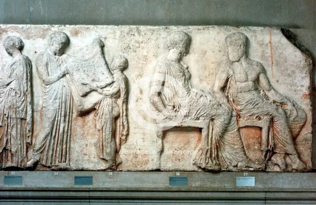 The sacred robe of Athena held up by cult officials, and Athena and Hephaistos, 438 BC. Artist: Unknown