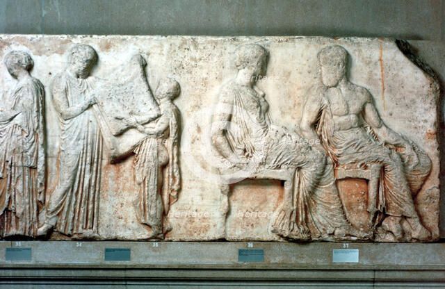 The sacred robe of Athena held up by cult officials, and Athena and Hephaistos, 438 BC. Artist: Unknown