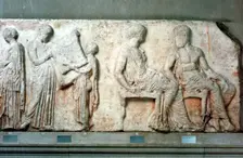 The sacred robe of Athena held up by cult officials, and Athena and Hephaistos, 438 BC