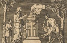 The sacrifice of a ram held by a naked man at right, hooded priest at left with a..., ca. 1515-1600. Creator: Unknown