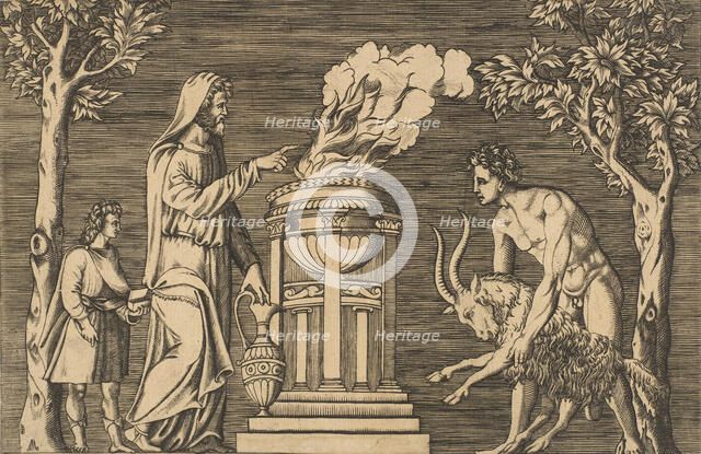 The sacrifice of a ram held by a naked man at right, hooded priest at left with a..., ca. 1515-1600. Creator: Unknown.