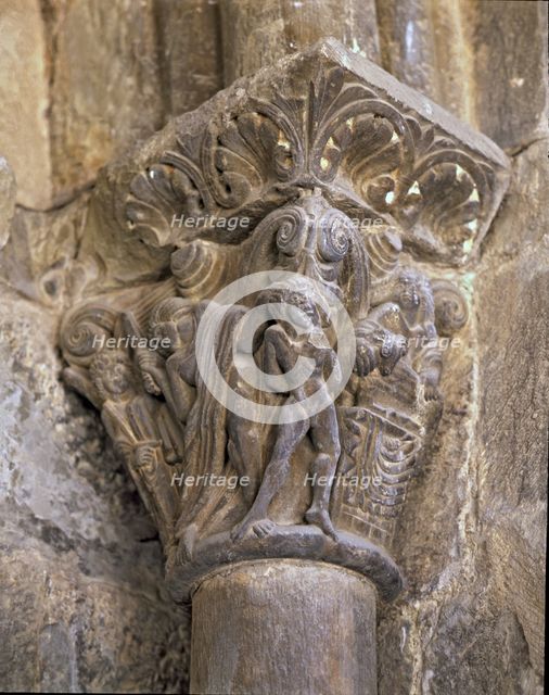 The sacrifice of Isaac, decoration of a capital in the south side porch of the cathedral of Jaca.