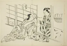 The Sakaki Chapter from "The Tale of Genji" (Genji Sakaki), from a series of Genji parodies, c.1710. Creator: Okumura Masanobu