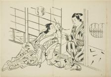 The Sakaki Chapter from "The Tale of Genji" (Genji Sakaki), from a series of Genji parodies, c.1710. Creator: Okumura Masanobu