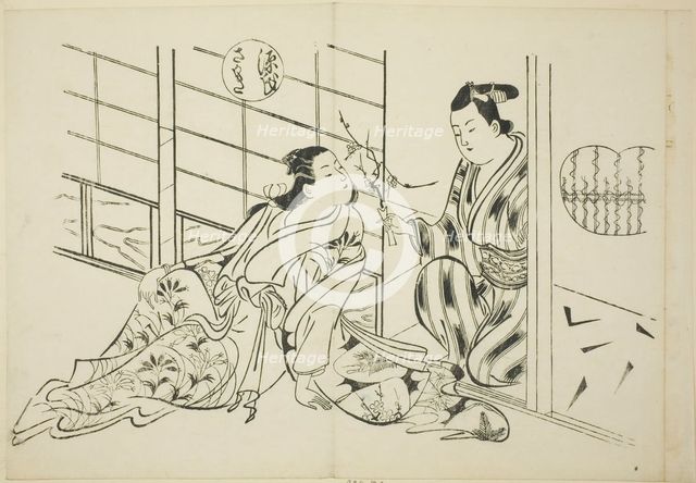 The Sakaki Chapter from "The Tale of Genji" (Genji Sakaki), from a series of Genji parodies, c.1710. Creator: Okumura Masanobu.
