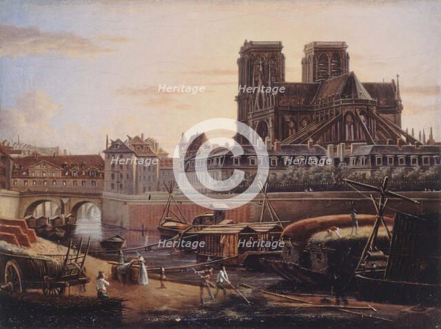 The Saint-Charles bridge, Hôtel-Dieu, Archdiocese and Notre-Dame, seen from Quai de..., circa 1820. Creator: Unknown.
