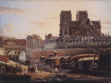 The Saint-Charles bridge, Hôtel-Dieu, Archdiocese and Notre-Dame, seen from Quai de..., circa 1820. Creator: Unknown