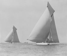 The sailing yachts White Heather and Shamrock race downwind. Creator: Kirk & Sons of Cowes