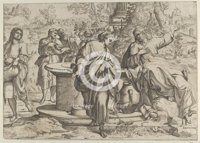The Samaritan woman standing at the well, Christ seated next to her pointing to the right,..., 1610. Creator: Anon.