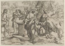 The Samaritan woman standing at the well, Christ seated next to her pointing to the right,..., 1610. Creator: Anon