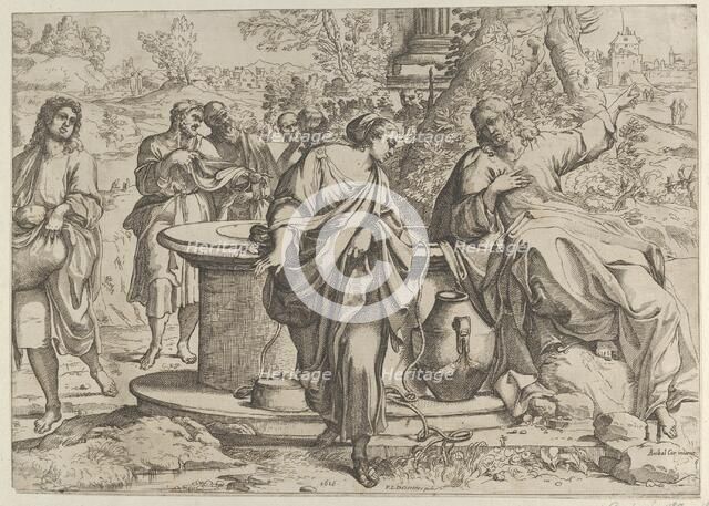 The Samaritan woman standing at the well, Christ seated next to her pointing to the right,..., 1610. Creator: Anon.