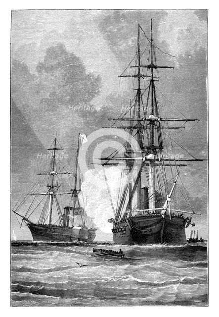 The 'San Jacinto', stopping the 'Trent', 1861. Artist: Unknown