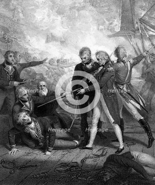 The 'San Nicolas' and 'San Josef', carried by boarding, Battle of Cape St Vincent, 1797.Artist: R Golding