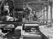 The sawmill carriage and log turner..., Ola self-help sawmill co-op, Gem County, Idaho, 1939. Creator: Dorothea Lange
