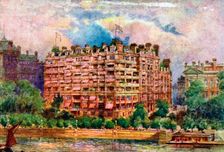 The Savoy Hotel as seen from the River Thames, London, 1905.Artist: William Harold Oakley