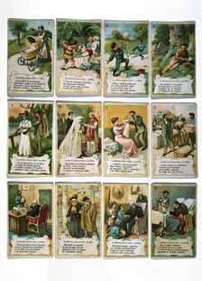 The scale of life. Collection of stickers for the firm Chocolates Amatller, published in 1902. Creator: Mestres, Apeles (1854 - 1936)