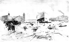 The Scene after the Accident: the launch of H.M.S. "Albion" at Blackwall, 1898. Creator: Unknown