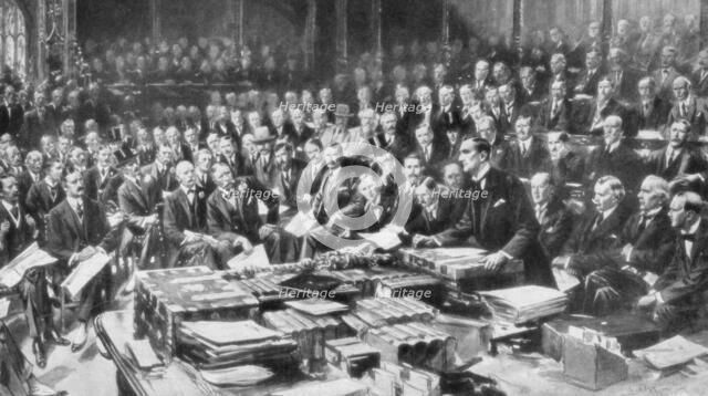 The scene in the House of Commons, Westminster, London, 3 August 1914. Artist: Unknown