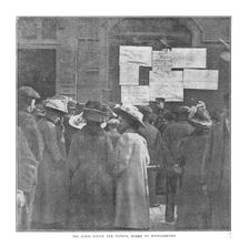 The Scene Round the Fateful Board at Southampton April 20, 1912. Creator: Unknown