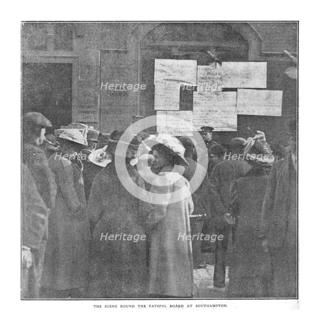 'The Scene Round the Fateful Board at Southampton', April 20, 1912. Creator: Unknown.