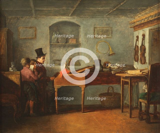 The schoolmaster with the boys singing flat at the piano, 1840.
