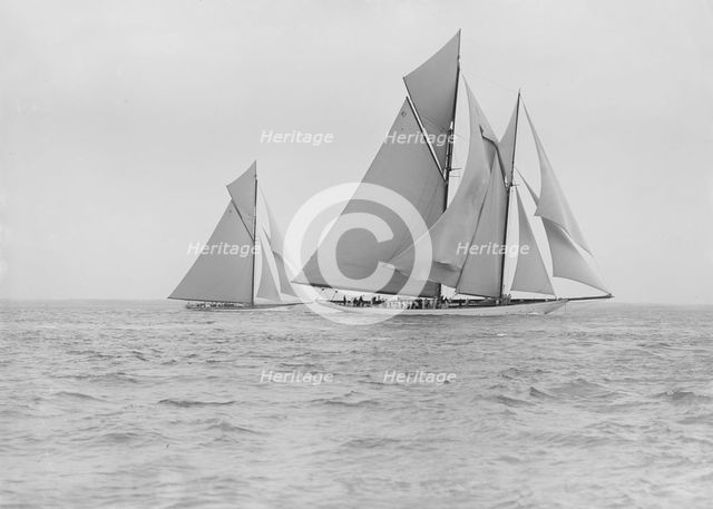 The schooner 'Germania' and cutter 'White Heather', 1913. Creator: Kirk & Sons of Cowes.