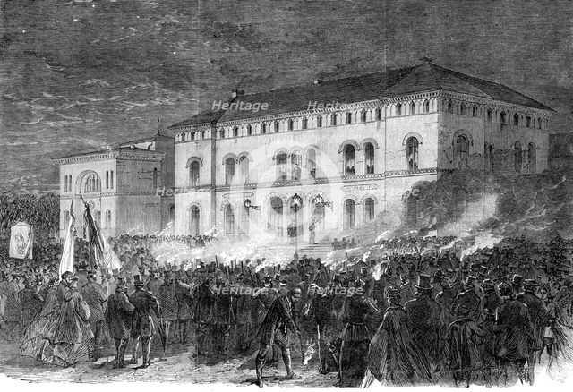 The Schleswig-Holstein Difficulty: torchlight welcome to Prince Frederick,...Railway Hotel, 1864. Creator: Unknown.