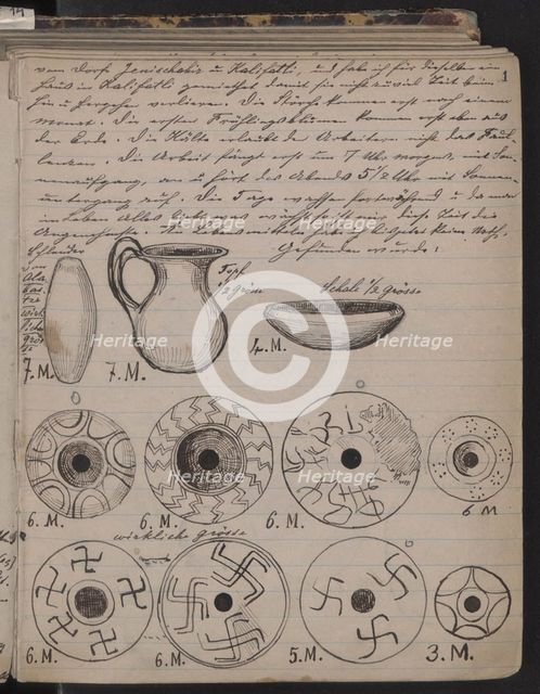 The Schliemann's diary contains sketches of discoveries, 1873. Artist: Schliemann, Heinrich (1822-1890)