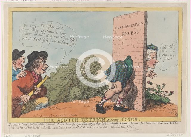 The Scotch Ostrich Seeking Cover, July 8, 1805., July 8, 1805. Creator: Thomas Rowlandson.
