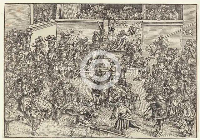 The second tournament with Samson and the lion on the balcony carpet, 1509. Creator: Cranach, Lucas, the Elder (1472-1553).