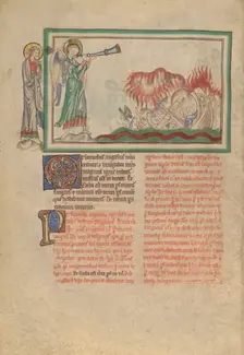 The Second Trumpet: The Burning Mountain in the Sea; Dyson Perrins Apocalypse, about 1255-1260. Creator: Unknown