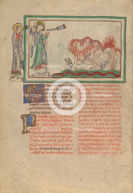 The Second Trumpet: The Burning Mountain in the Sea; Dyson Perrins Apocalypse, about 1255-1260. Creator: Unknown.