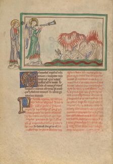 The Second Trumpet: The Burning Mountain in the Sea; Dyson Perrins Apocalypse, about 1255-1260. Creator: Unknown