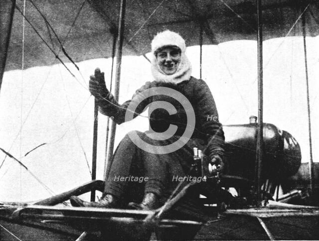 The second British woman pilot: Mrs. de Beauvoir Stocks in her Farman biplane, 1911 (1933). Artist: Flight Photo.