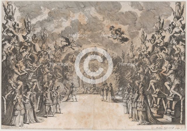 The Seat of Saturn; Saturn at center, seated on a throne of rubble, conversing with a king..., 1678. Creator: Mathäus Küsel.