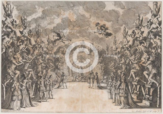 The Seat of Saturn; Saturn at center, seated on a throne of rubble, conversing with a king..., 1678. Creator: Mathäus Küsel.