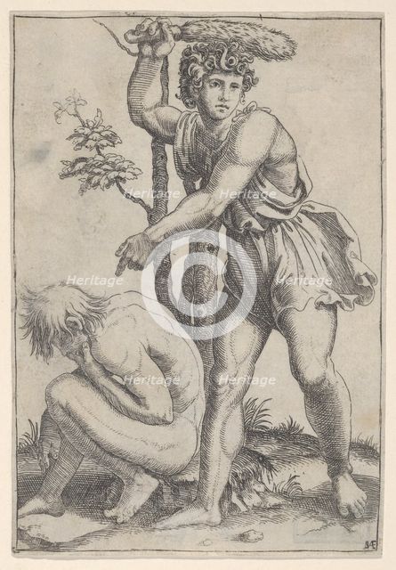 The seated naked man at left being beaten with a fox's tail, ca. 1510-27. Creator: Marcantonio Raimondi.