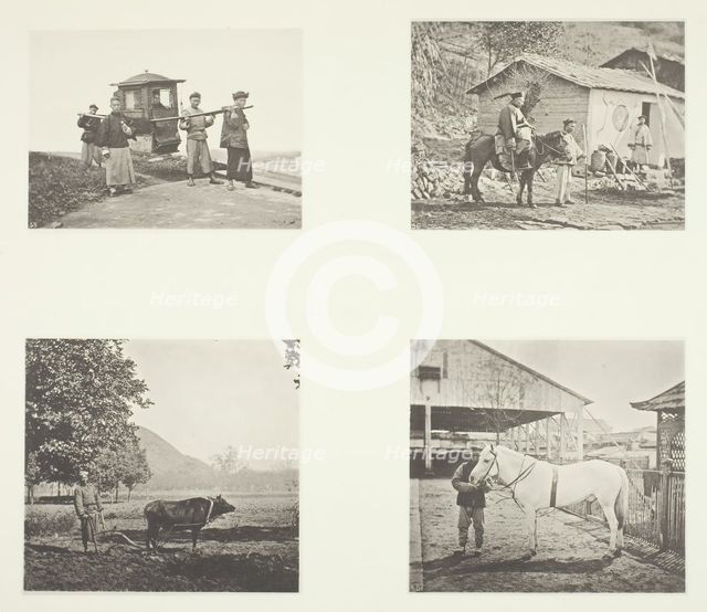 The Sedan; A Military Officer; The Plough; A North China Pony, c. 1868. Creator: John Thomson.