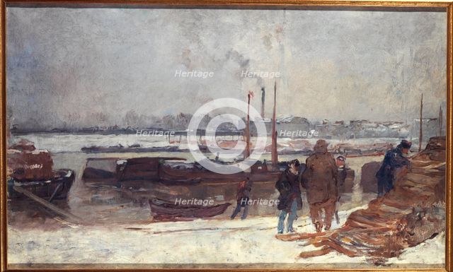 The Seine, at the Quai d'Austerlitz, snow effect, c1900. Creator: Auguste Lepere.