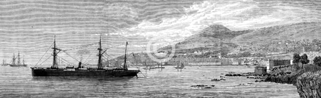 The Seine laying the land end of the Brazilian Submarine Cable at Madeira, 1873. Creator: Unknown.
