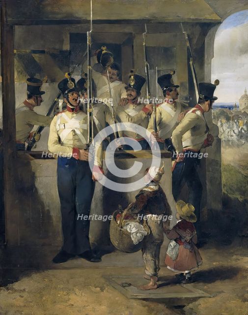 The sentinel, shouting into the rifle ("Rifle out!"), 1839. Creator: Carl Schindler.