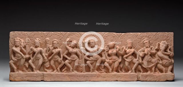 The Seven Mother Goddesses (Matrikas) Flanked by Shiva-Virabhadra and Ganesha..., 9th century. Creator: Unknown.