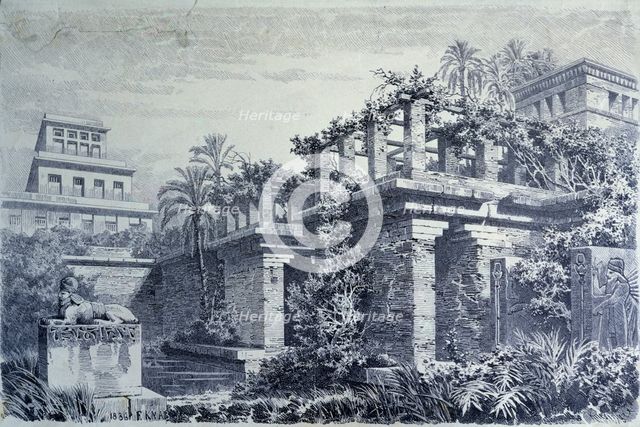 The seven wonders of the world, hanging gardens on terraces in the palace of Nebuchadnezzar in Ba…