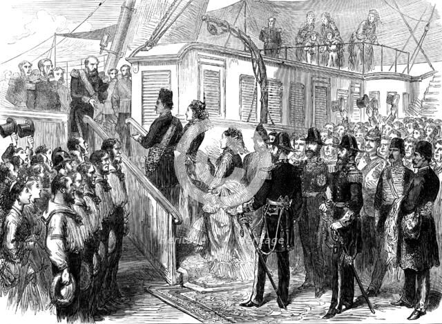 The Shah at Portsmouth: going on board the Victoria and Albert, 1873. Creator: Unknown.