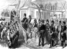 The Shah at Portsmouth: going on board the Victoria and Albert, 1873. Creator: Unknown