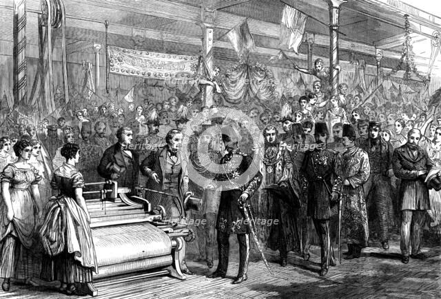 The Shah in the weaving-room at Haworth's Mills, Manchester, 1873. Creator: Unknown.