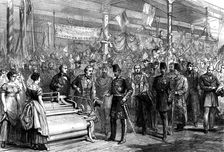 The Shah in the weaving-room at Haworth's Mills, Manchester, 1873. Creator: Unknown