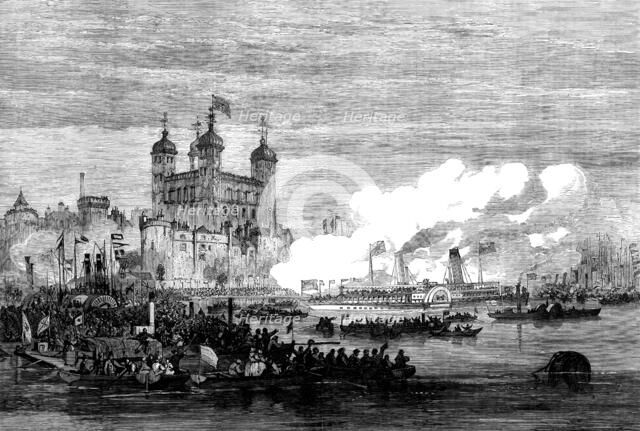 The Shah on the Thames: embarking at the Tower for the West India Dock and Greenwich, 1873. Creator: Unknown.
