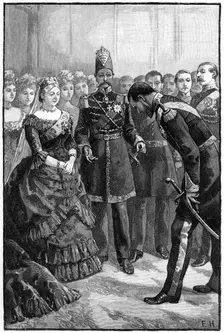 The Shah of Persia presenting his suit to Queen Victoria at Windsor, mid-late 19th century. Creator: Unknown