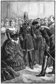 The Shah of Persia presenting his suit to Queen Victoria at Windsor, mid-late 19th century. Creator: Unknown